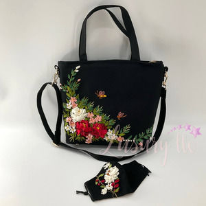 Red Camellia Embroidery Convertible Tote Crossbody Bag, Matching Silk Mask